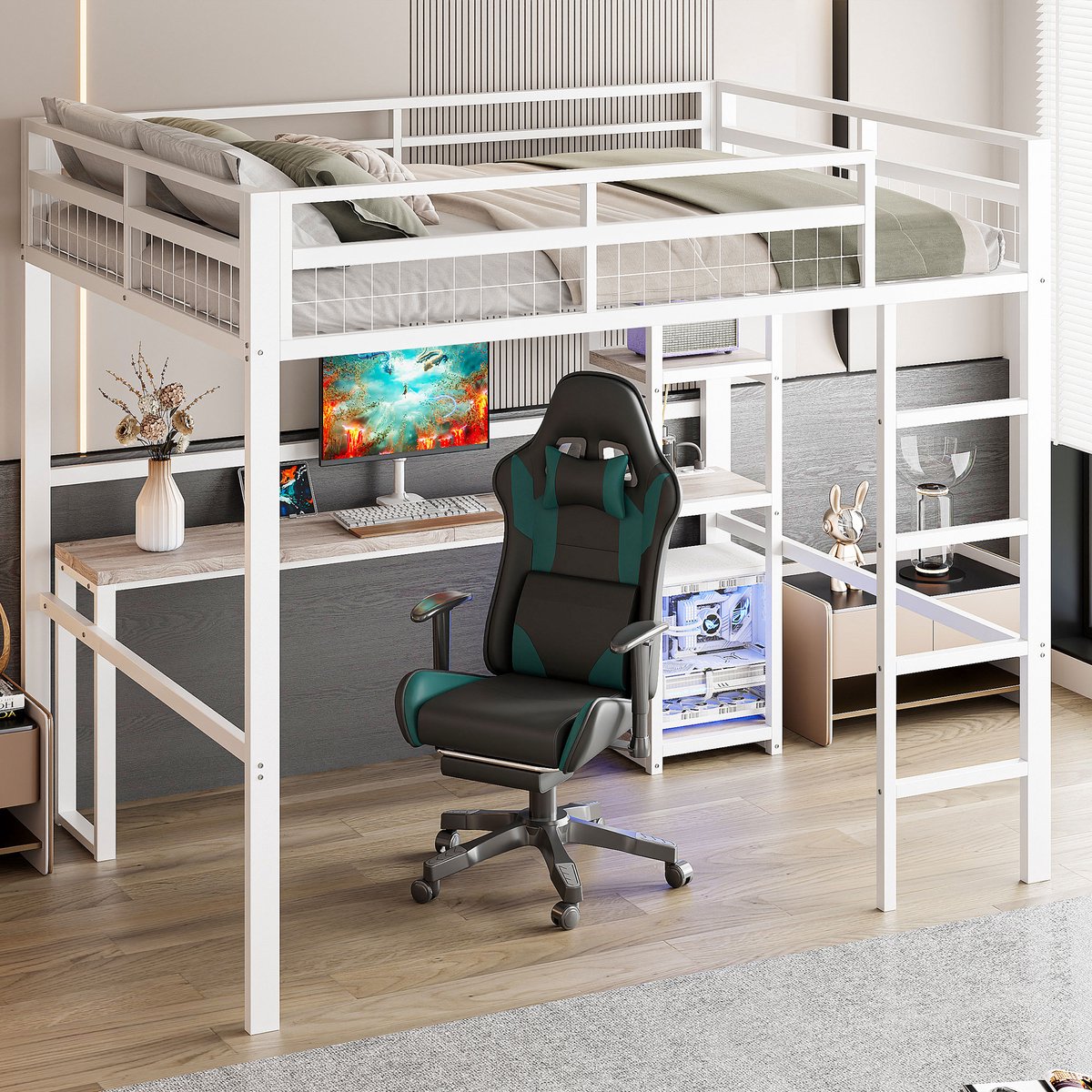 MODFU Bedframe 140x200 cm – Hoogslaper met ingebouwd bureau, opbergrekken en trap – USB en Type-C – Metaal – Wit
