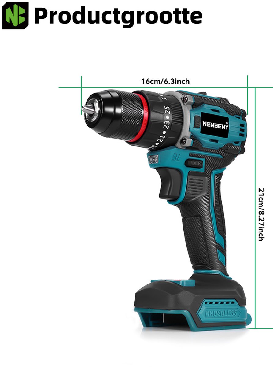 NewBeny Accuboormachine - 80Nm Accu Schroefboormachine - 21V Boormachine - met 2 Accu's en Handgereedschap - Borstelloze Accuboortol - 25+3 koppelniveaus - 2 snelheden - voor Thuis & Klussen – foto 6