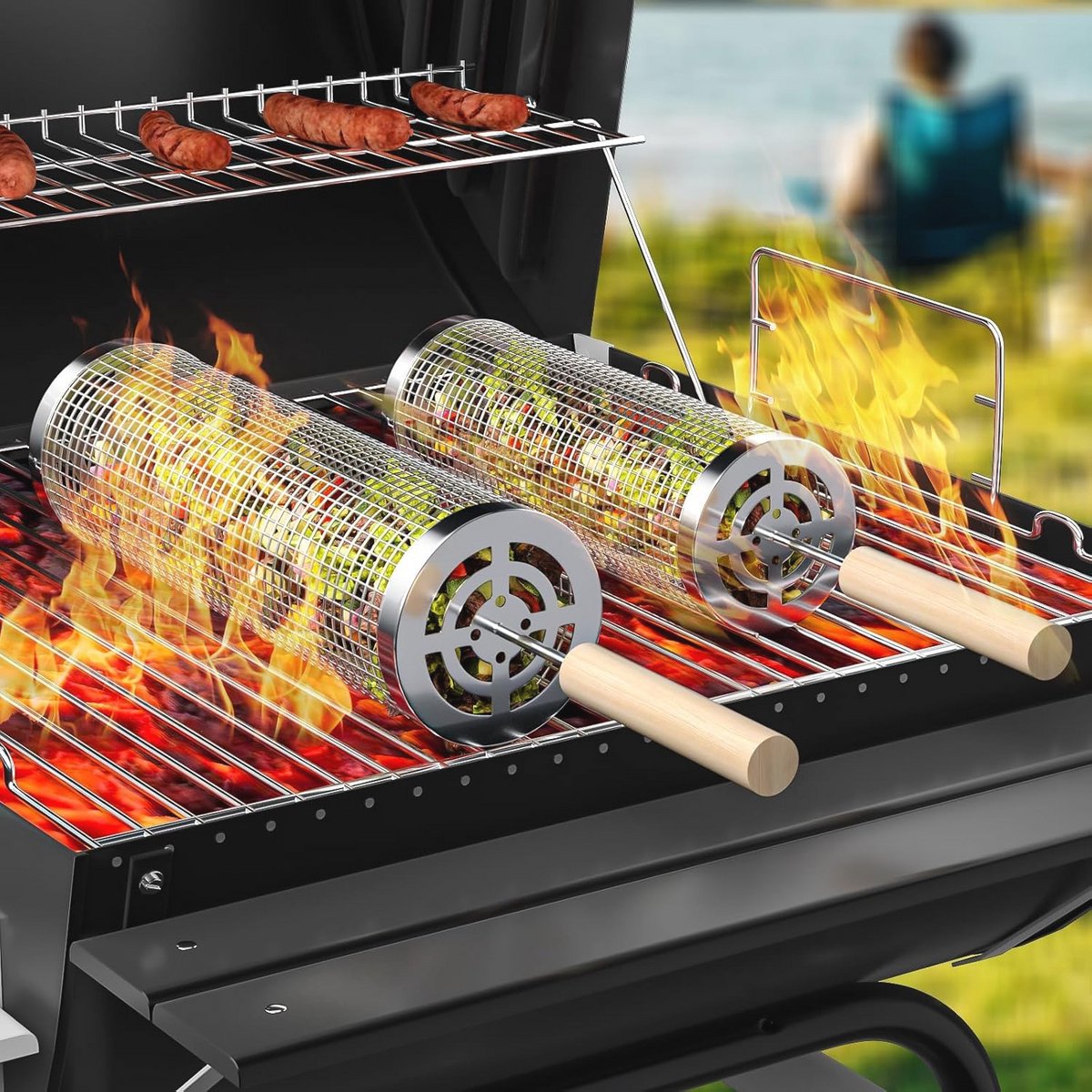 Rollende grillmanden set voor BBQ en camping - 2 stuks roestvrij staal grillaccessoires