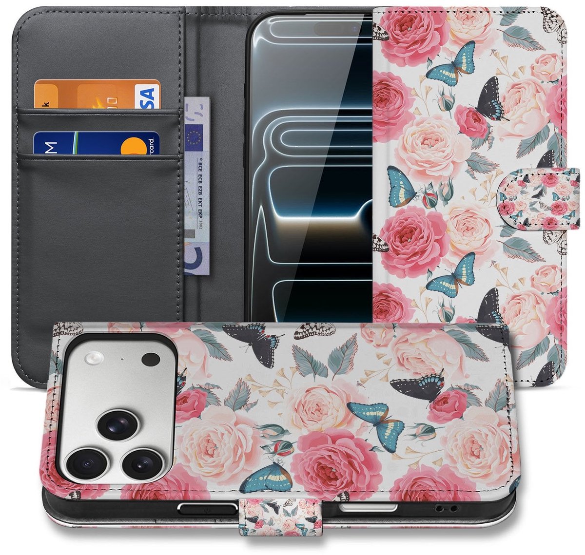 Apple iPhone 17 Pro Bookcase Hoesje Roze Butterfly Roses Met Pasjes