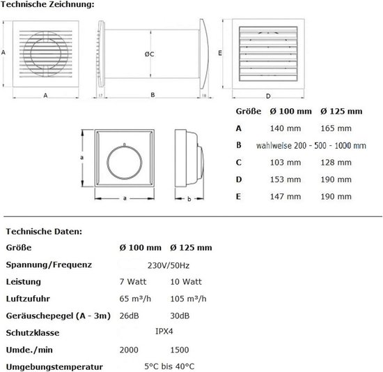 Vents VK 125 Q U Buisventilator met Temperatuurregelaar 125 MM / 260 M³