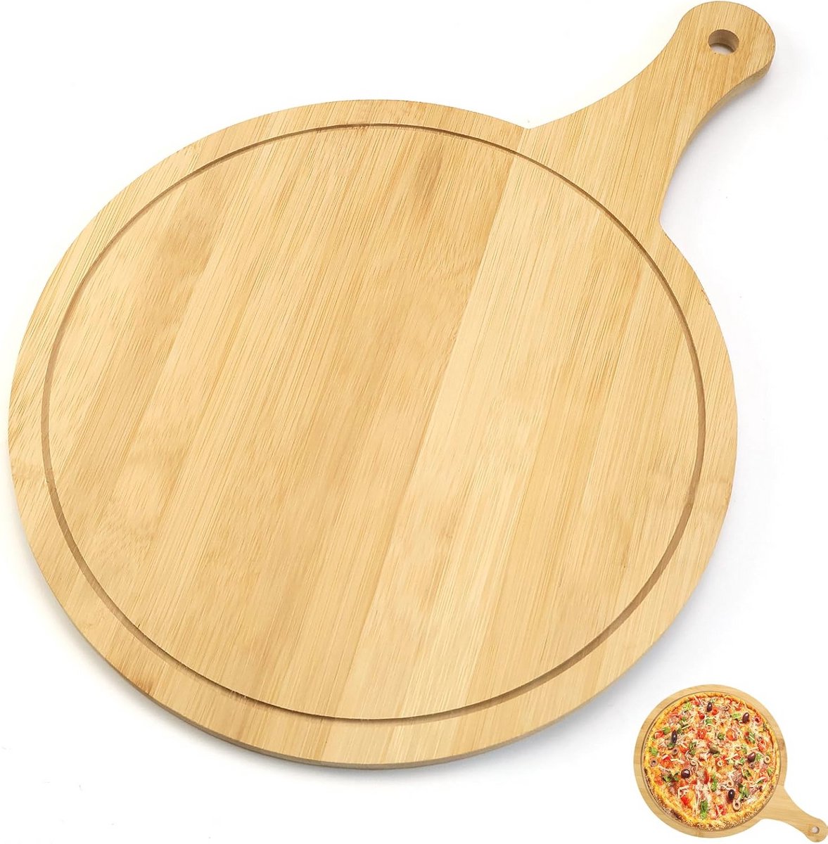 Ronde Houten Snijplank voor Pizza en Brood met Handvat - 30 x 45 cm