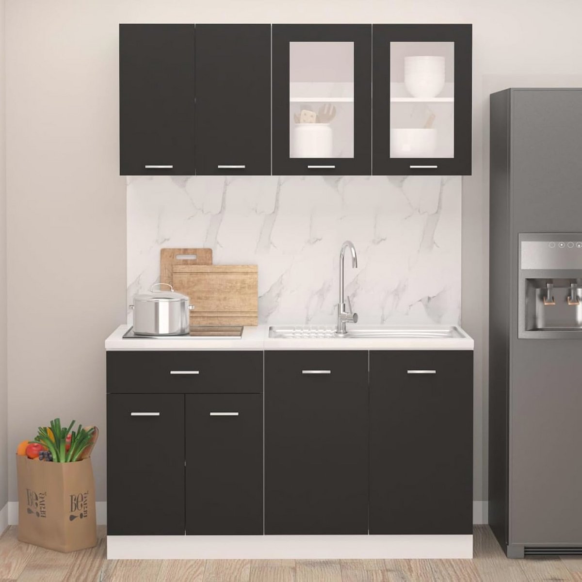 140 cm 4-delige keuken meubelset - Spaanplaat in zwart voor een georganiseerde keuken