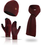 3 Stuks Wintermuts, Muts, Sjaal En Handschoenen Set - Heren, Dames, Skimuts, Touchscreen Wanten - Bijpassende Hoeden Voor Heren, Dames - Wijnrood