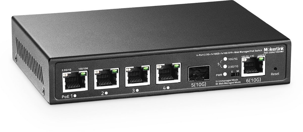 Managed Switch 4 poorten 2.5G PoE, 10G Ethernet en SFP+, Fanless Netwerk Switch