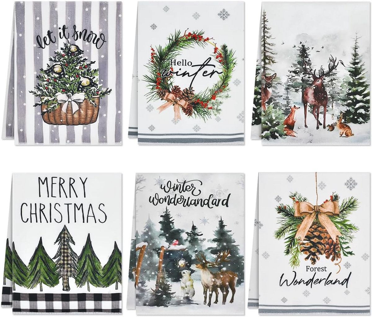 Set van 6 kersttheedoeken microvezel 60x40 cm met verschillende feestelijke motieven