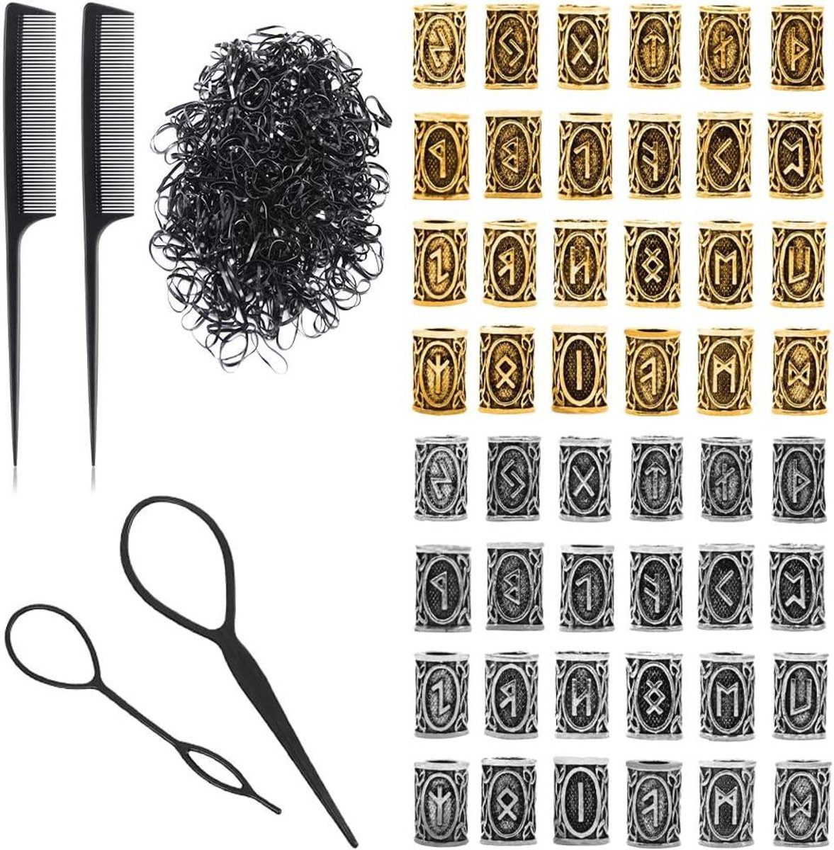 Allecta - Baardkralen Set voor Heren - Viking Thema - DIY Haar- en Baardaccessoires met Elastiekjes - Noorse Rune Kralen - Antieke Stijl - 48 Stuks