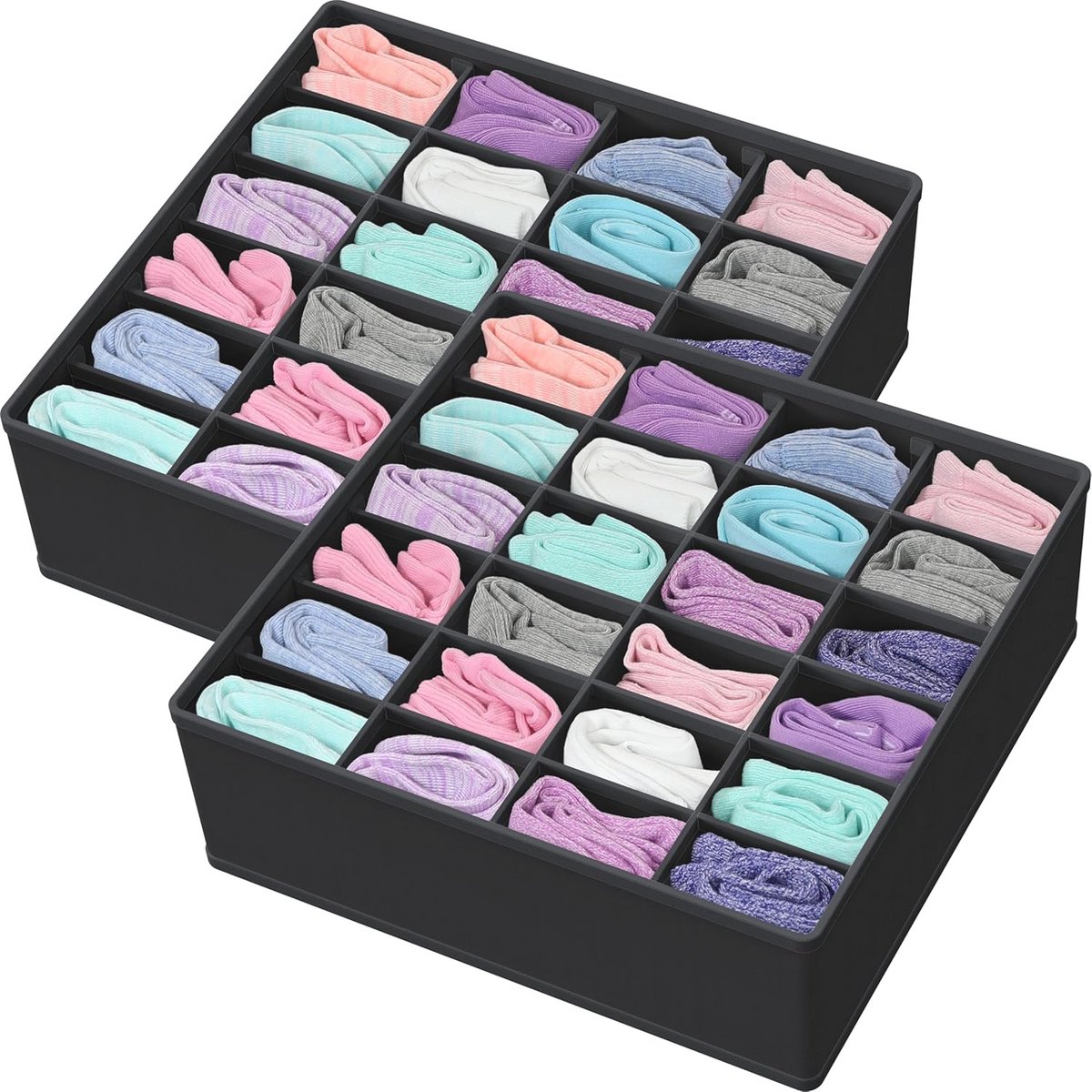 2 Pack Sokken Organizer voor Huishoudelijke Kasten - 24 Cel Lade Verdeler in Zwart