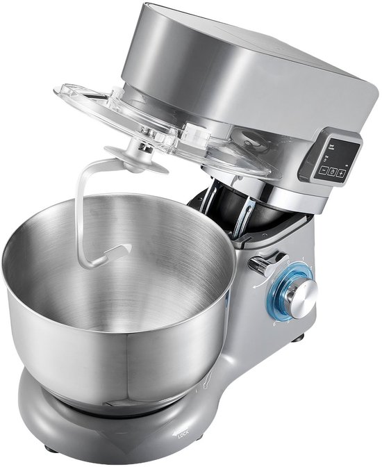 Keukenmixer - Staande Mixer - 6 Snelheden - LED-Display - Timer - Roerpeddel & Deeghaak - Spatbescherming - 1400W - Grijs — afbeelding 5