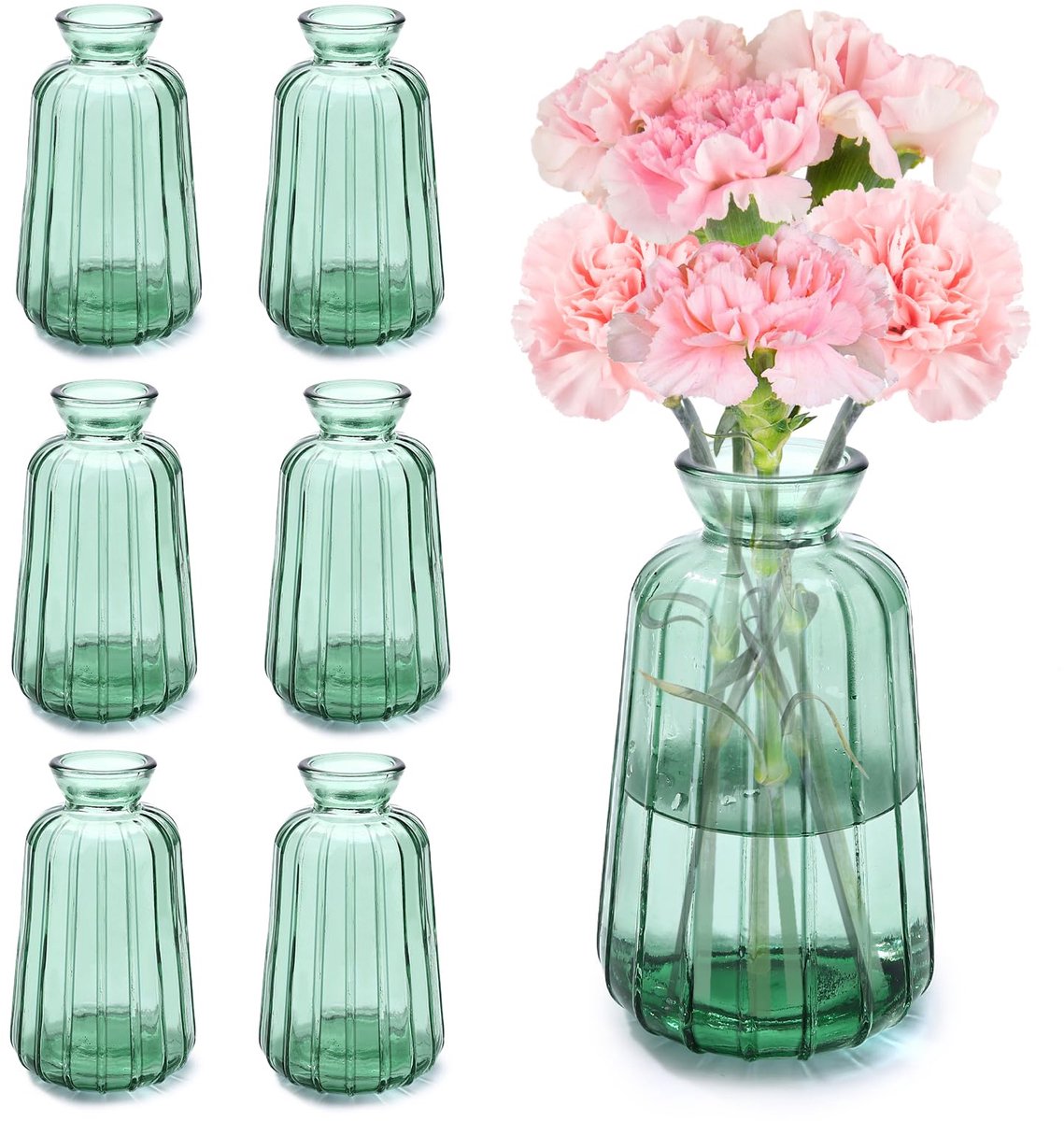 Imperatoris Glazen Vazen / Glazen Flessen – Mini Decoratieve Vaas Flesjes – Helder Glas – Inclusief Strik – 6 Stuks – 6.7 x 6.7 x 11 cm – Groen