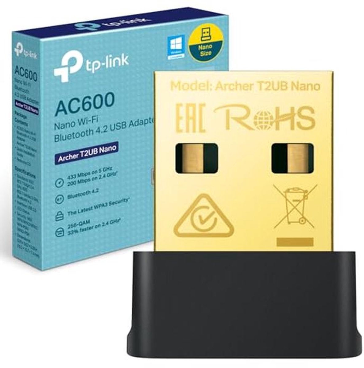AC600 Nano WiFi Bluetooth USB Adapter - Dual Band Wireless voor PC/Laptop - Ondersteunt Windows 11/10/8.1/8/7 - WPA3 Beveiliging