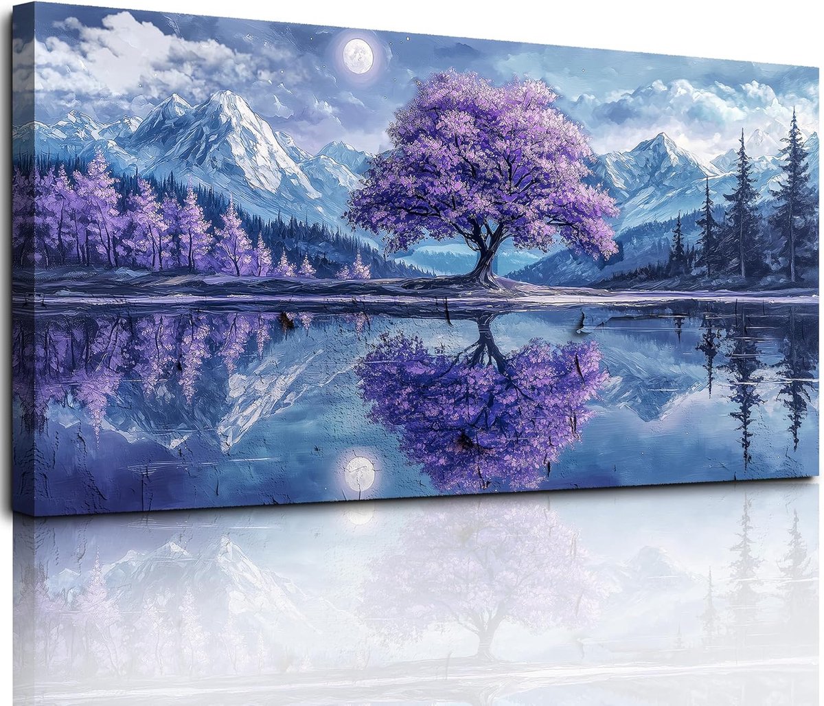 Groot Modern Canvas Schilderij 59x119 Cm – Paarse Bomen & Besneeuwde Bergen | Stijlvolle Wanddecoratie Voor Woonkamer, Slaapkamer & Kantoor
