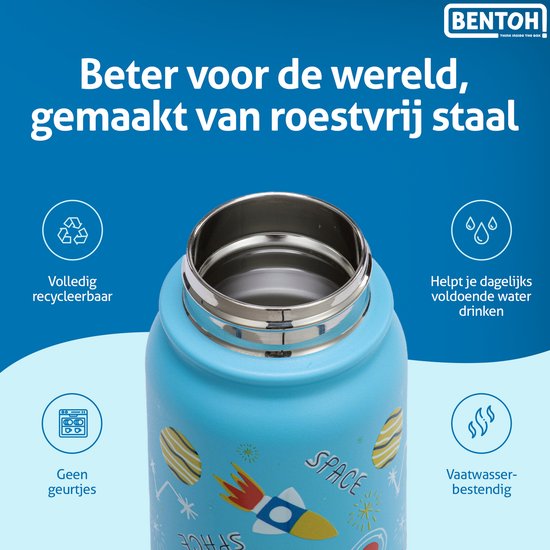 BentOH! RVS Waterfles 350ml voor Kinderen - Ruimte - Anti-overloop & Lekvrij – Met Eén Hand te Openen – BPA-vrij & Vaatwasserbestendig