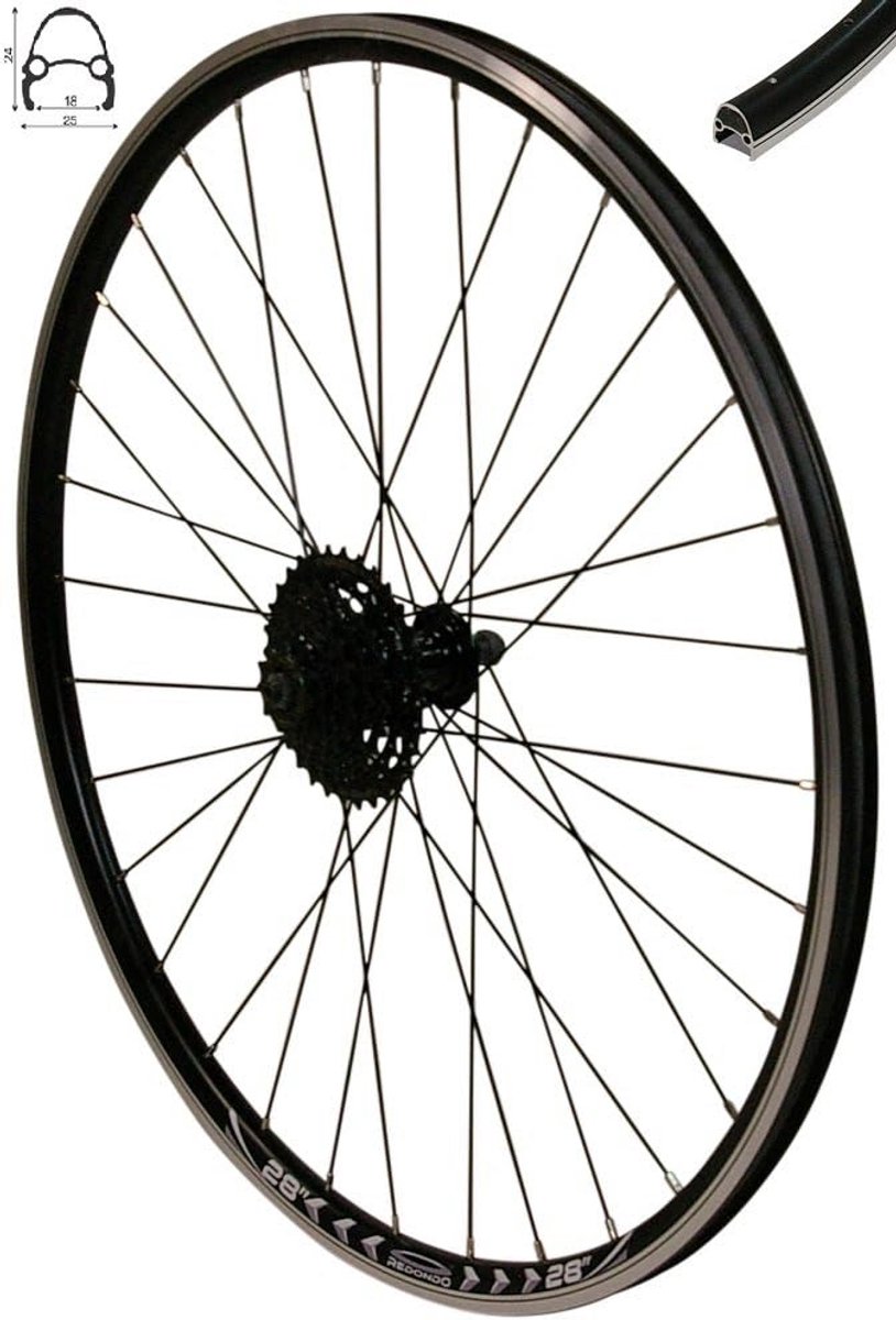 Achterwiel 28 inch V-profiel velg zwart voor 8-voudige cassette