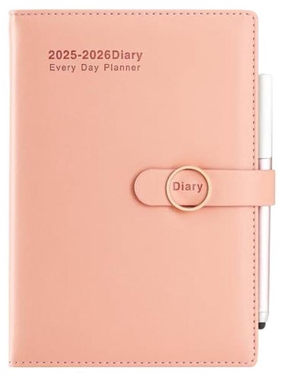 Academische agenda 2026, dag per pagina, harde kaft, georganiseerd van januari 2026 t/m december 2026, A5-agenda, dag- en maandplanner met tabblad per maand, binnenvak, pen, pennenlus, stickers, roze