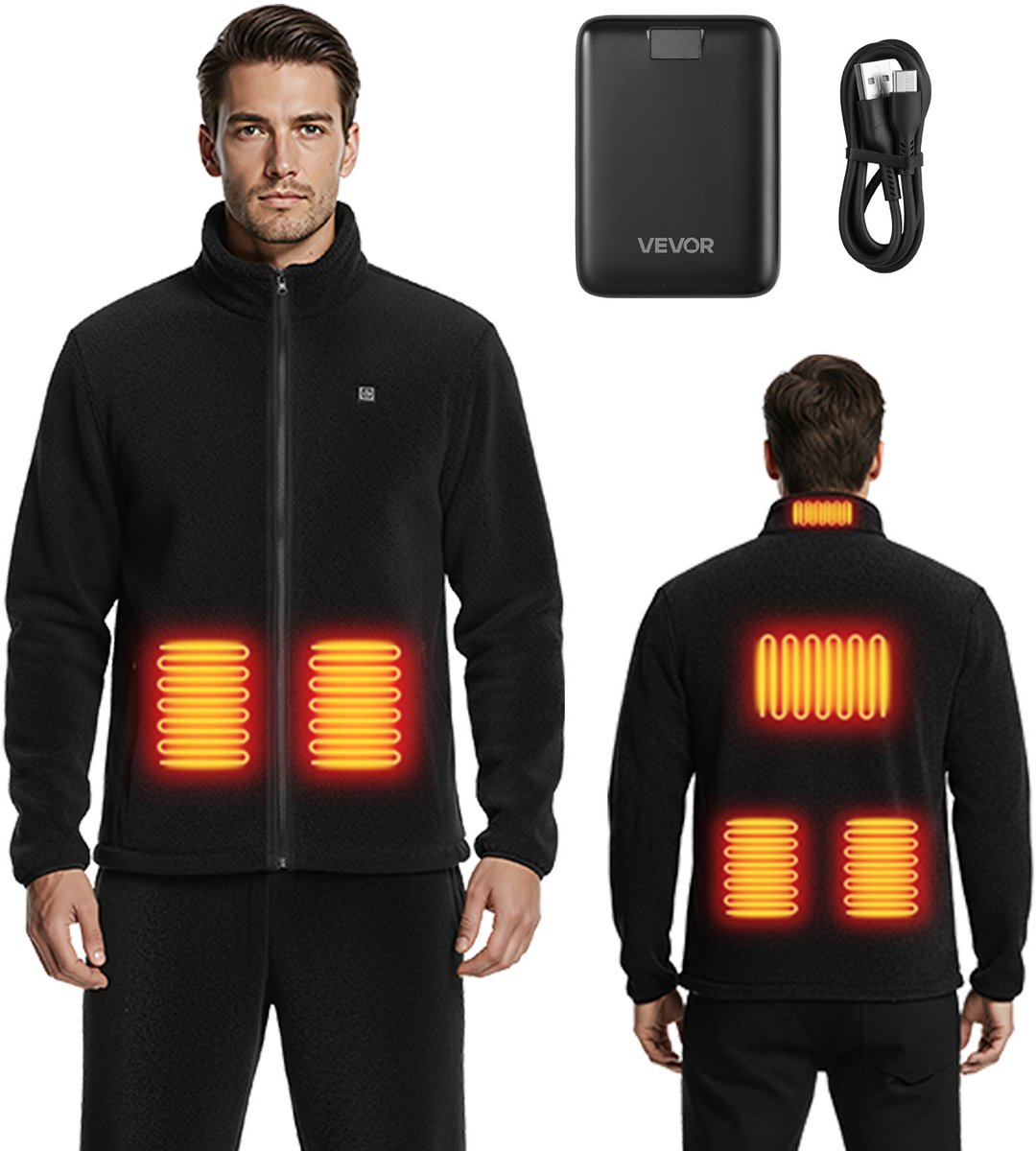 VEVOR Verwarmde Fleece Jas voor Heren Verwarmde Jas met 7 4V 16000mAh Oplaadbare Powerbank 6 Verwarmingszones 3 Temperatuurinstellingen 3/6/10 Uur Warmte voor Winterse Outdoor Camping Zwart