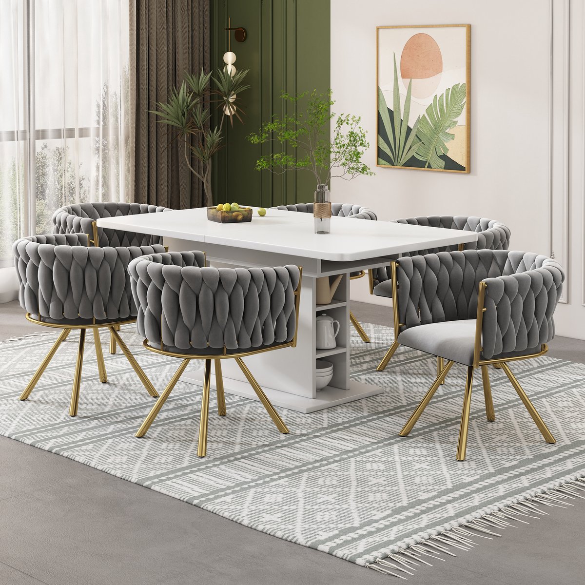MODFU Eetkamerstoel set van 6, gestoffeerd fluweel, 360° draaibaar, stalen vierpoot, modern design, grijs/goud Goud+Grijs