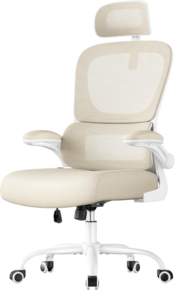 Furnstar Ergonomische Bureaustoel – Netstoel met Dubbellaags Mesh – Verstelbare Hoofdsteun & Adaptieve Lendensteun – Ademend – Beige
