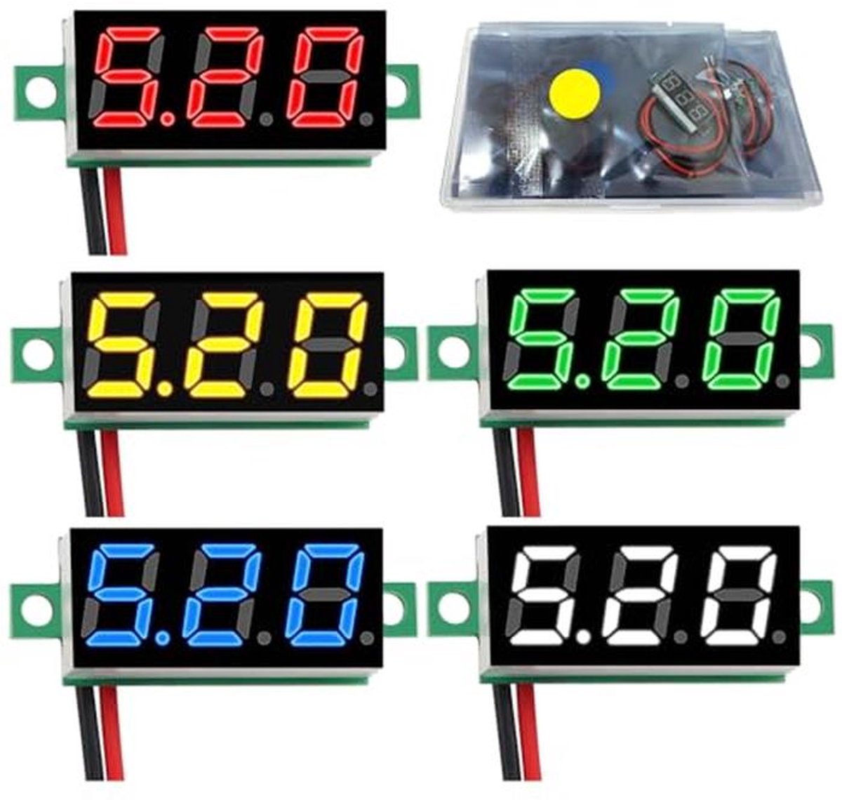 Mini Digitale Voltmeter 0.28 Inch - 5 Stuks voor DC 2.4V-30V met Nauwkeurige Meting en Omgekeerde Polariteit Bescherming