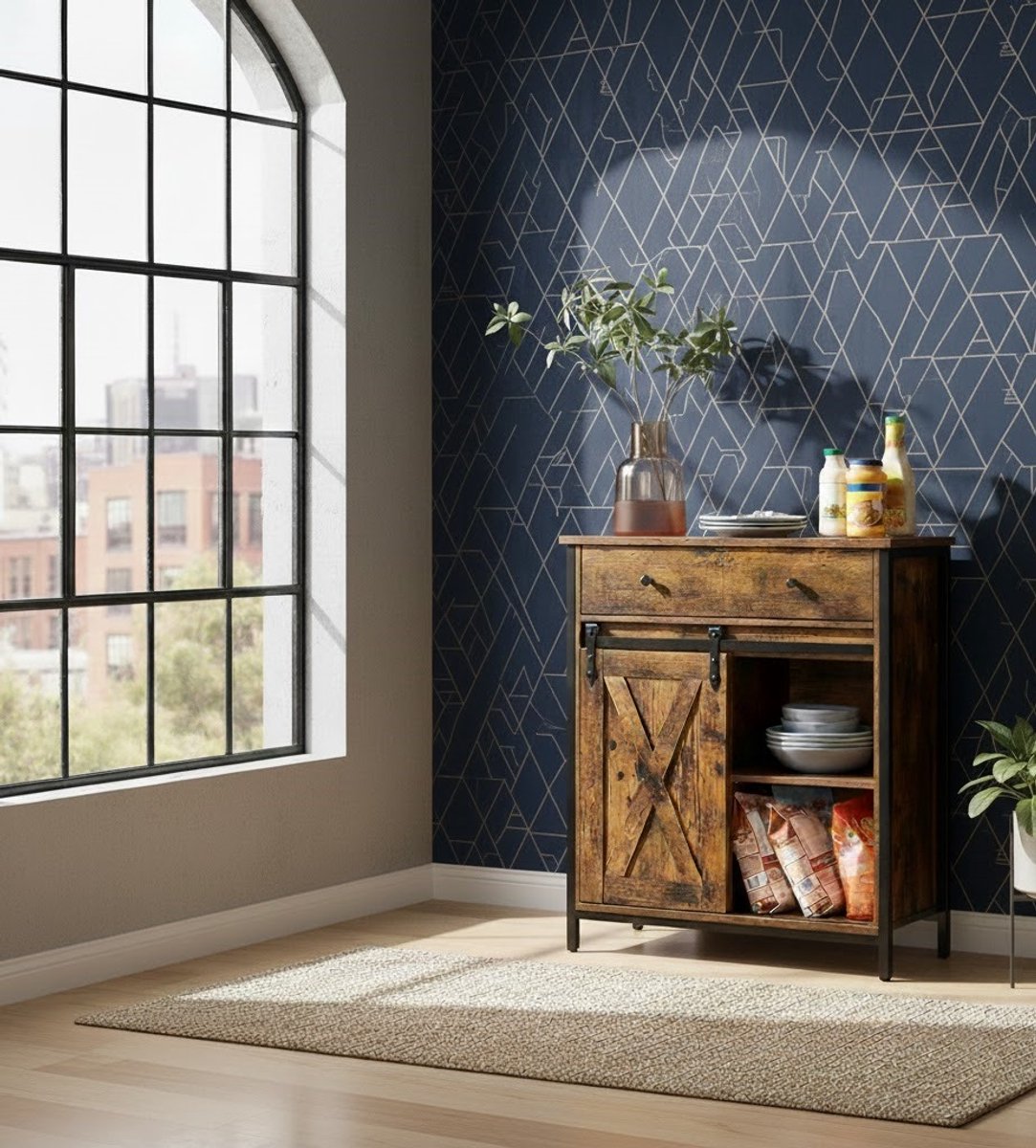Landelijke Opbergkast met Schuifdeur – Vintage Bruin/Zwart Dressoir voor Woonkamer, Keuken of Hal – Verstelbare Planken, Robuust en Stabiel – Multifunctionele Sideboard 30 x 70 x 80 cm Depauwwonen