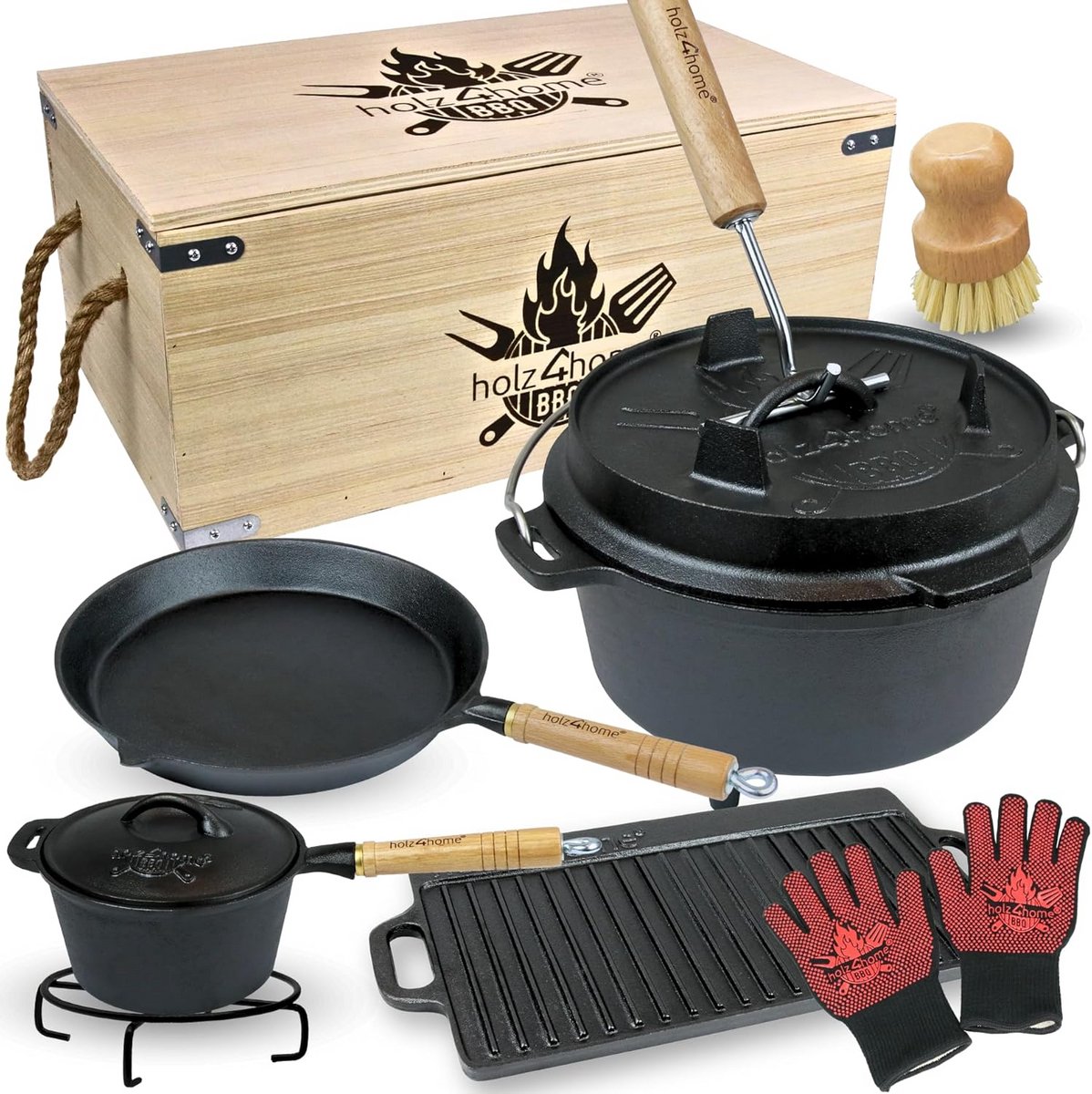 9-delige Gietijzeren Dutch Oven Set met Houten Kist