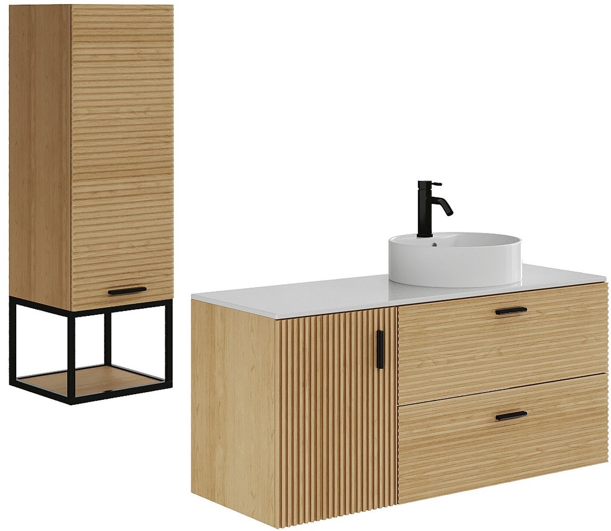 Vente-unique Zwevend geribbeld badmeubel met opzetwastavel en kolomkast met nis - 1 deur en 2 lades - Licht naturel - 120 cm - SARONE