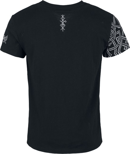 Zwart T-shirt met zilverkleurige runen op de rug en een Keltische print op de mouw.