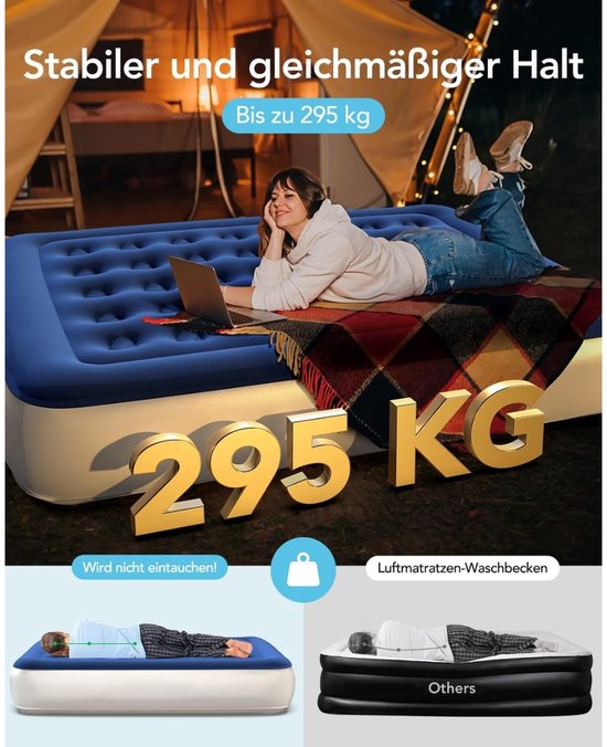 Famanu – Luchtbed voor 2 personen met geïntegreerde elektrische pomp - zelfopblazende luchtmatras met opbergtas - opblaasbaar bed voor camping - logeerbed - reizen en binnenshuis - 33 cm hoge matras — afbeelding 3