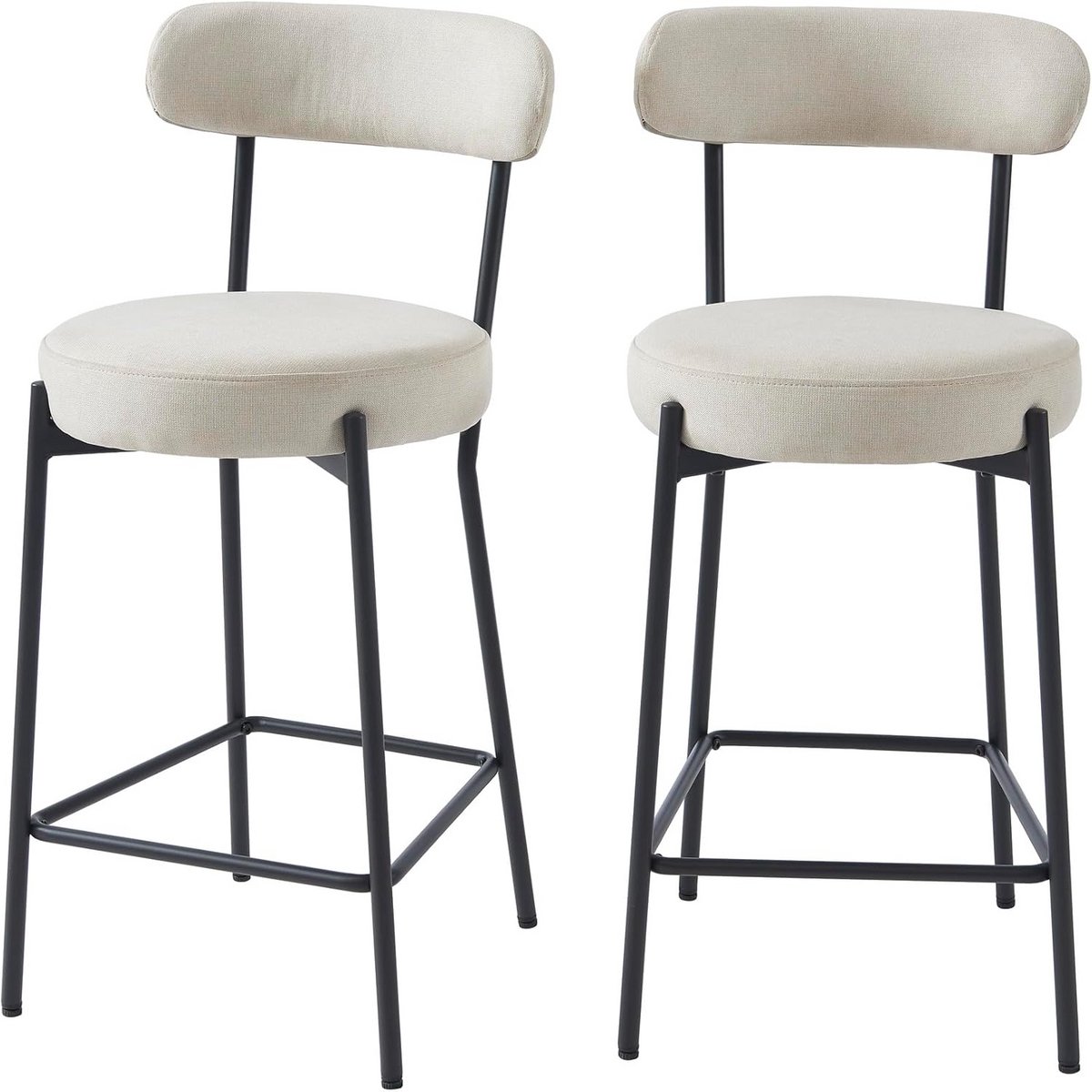 Set van 2 Moderne Barkrukken Beige Stof en Zwarte Metalen Poten