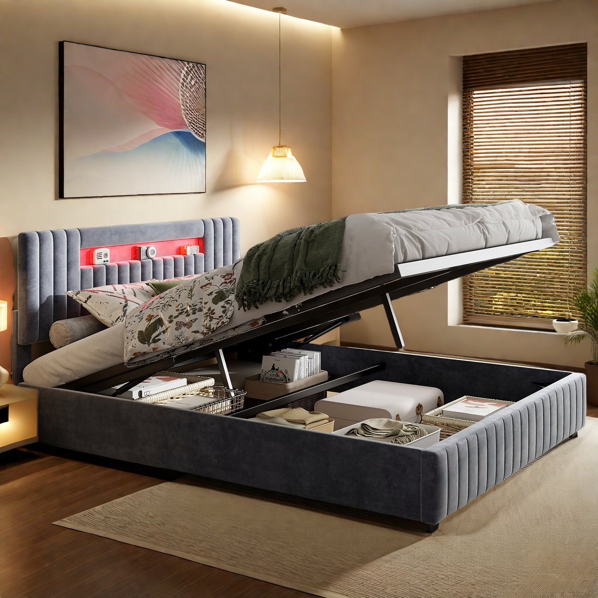 Grijs Fluwelen Opbergbed 140x200 cm met LED Hoofdbord