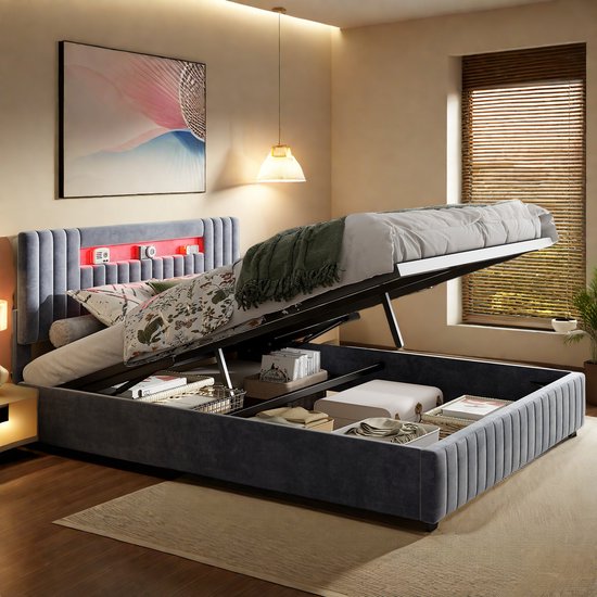 Grijs Fluwelen Opbergbed 140x200 cm Tweepersoons met LED Hoofdbord, Opbergvak & Hydraulisch/Gasdruk Lift