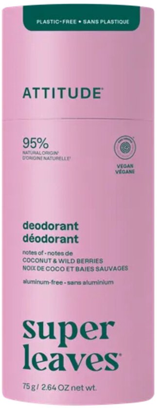 Roze Attitude deodorant met 'Super Leaves' logo en tekst: 95% Natural Origin, Coconut & Wild Berries, aluminum-free.