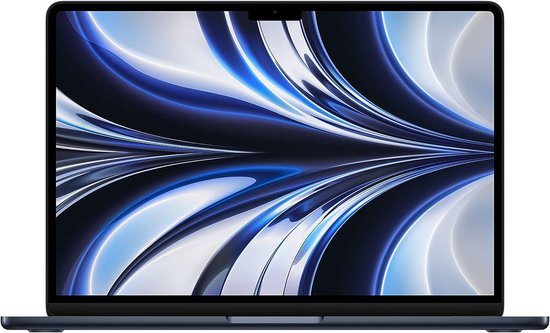 Midnight blauwe MacBook Air met een groot, helder scherm met een abstract blauw en wit design.