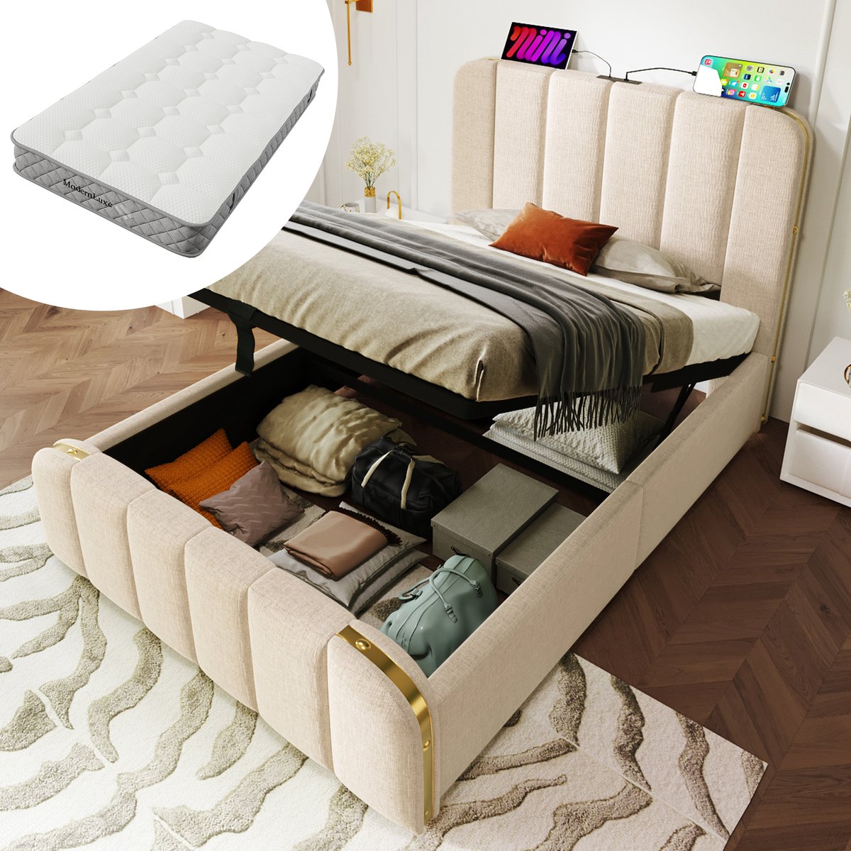 OKWISH Gestoffeerd Bed 90x200 cm - 7-Zones Orthopedische Matras H3 Met Matras - Hydraulische Opbergruimte - Voor Slaapkamer - Linnen Stijl - Beige