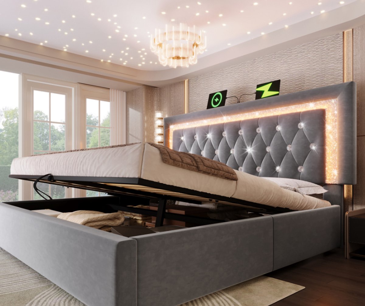 Tweepersoonsbed - 140x200 cm - Gestoffeerd Bed Diamant Led - USB en Berging - Fluweel - Grijs