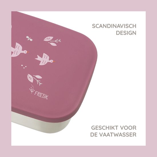 Paars deksel met vogeltjes erop. 'Scandinavisch design' en 'Geschikt voor de vaatwasser'.