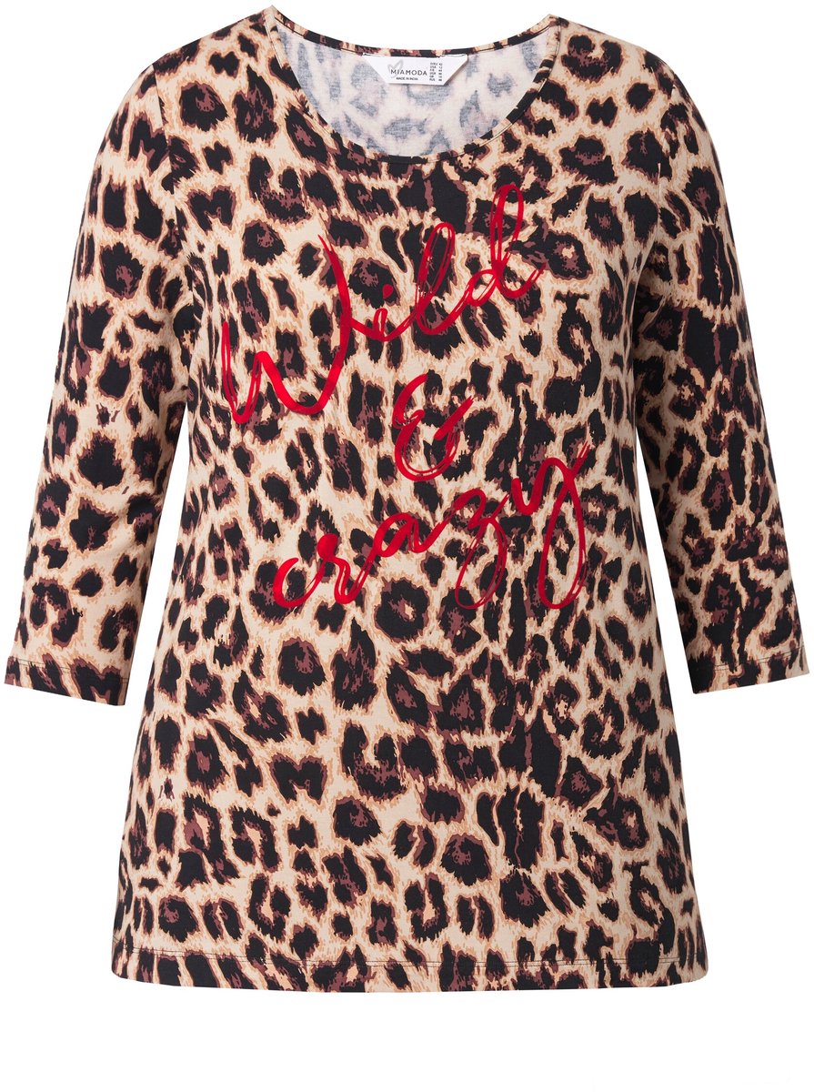 MIAMODA - Dames - T-shirt Regular Fit luipaard tekst 3/4-mouwen - Zwart - Maat 60