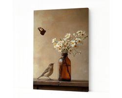 Vogel en bloemen - Kunstobject - Muurkunst - Canvas schilderij - 75x100 cm