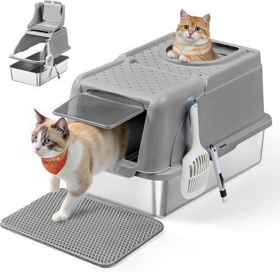 Feandrea – kattenbak met klapdeksel – XL gesloten kattenbak met lekvrij ontwerp – RVS en kunststof – schepje en borstel – voor katten tot 15 kg – grijs