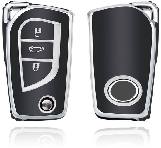 Zwart en zilver autosleutelhoesje met drie knoppen en logo.