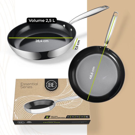 Zilverkleurige koekenpan met lange steel, diameter 28,4 cm en hoogte 7,5 cm. Essential Series.