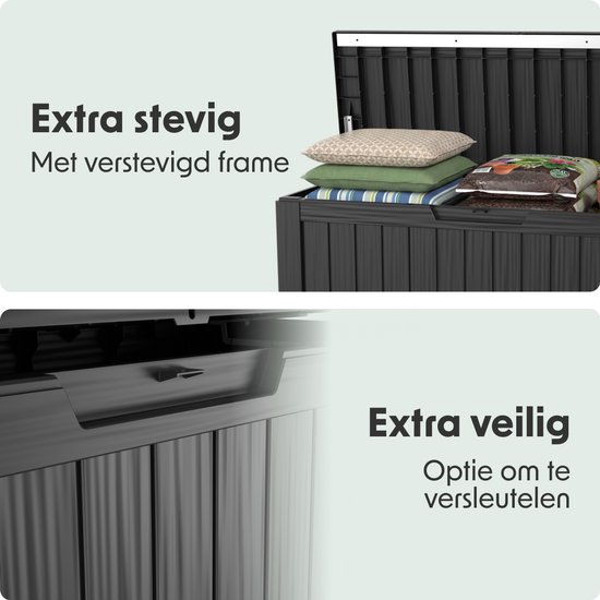 LifeGoods Opbergbox - 300L - Kussenbox - Waterdicht - Tuinkussenbox - Roestvrij - Tuinbox - 117.5x47.5x59 cm - Zwart