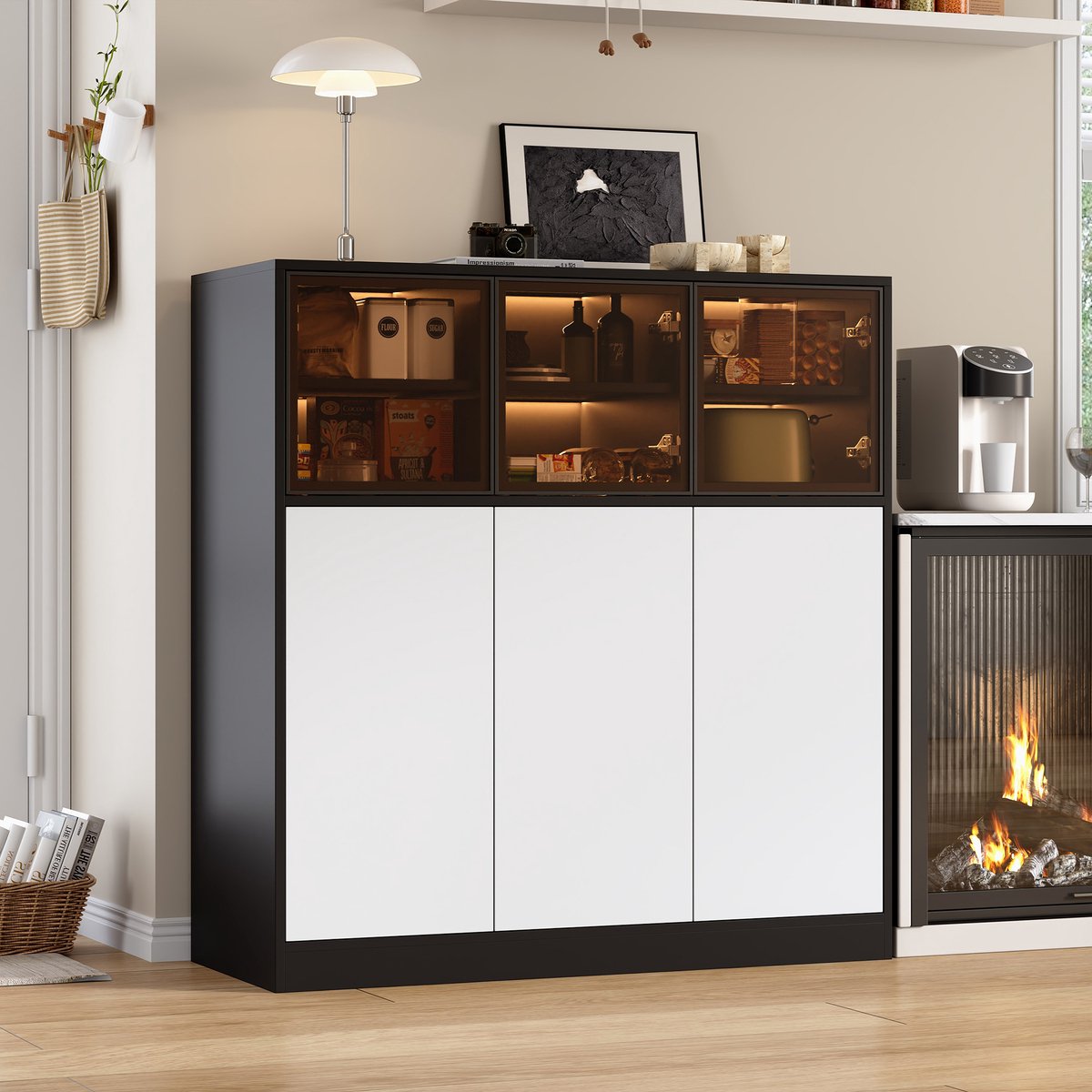 Sweiko Dressoir - Halmeubel - LED-verlichting - 3 glazen deuren - 100 x 40 x 105 cm - Wit + Zwart