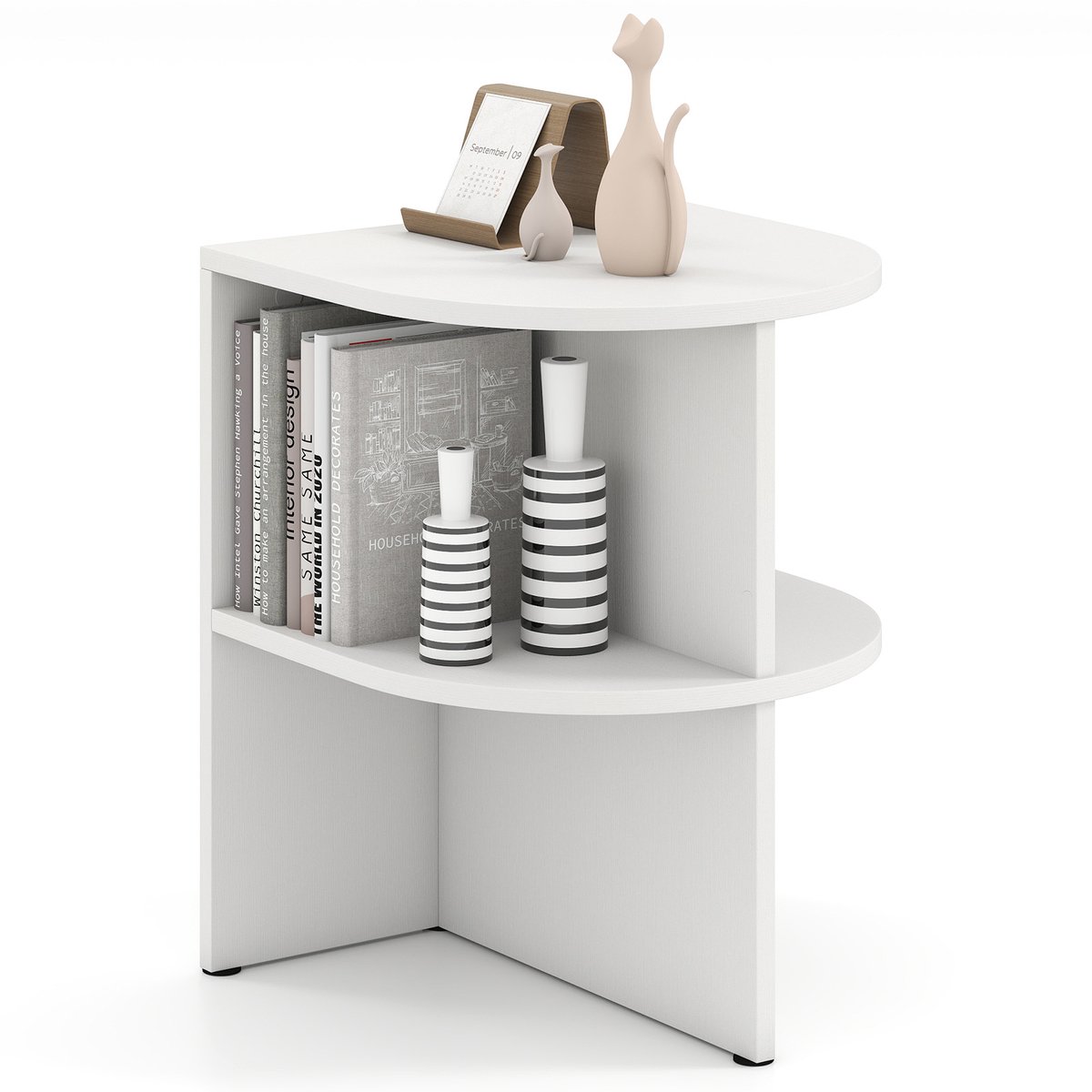 Costway Bijzettafel, halfrond, nachtkastje met open planken, banktafel voor kleine ruimtes, koffietafel voor woonkamer, slaapkamer, wit, 38 x 38 x 48,5 cm