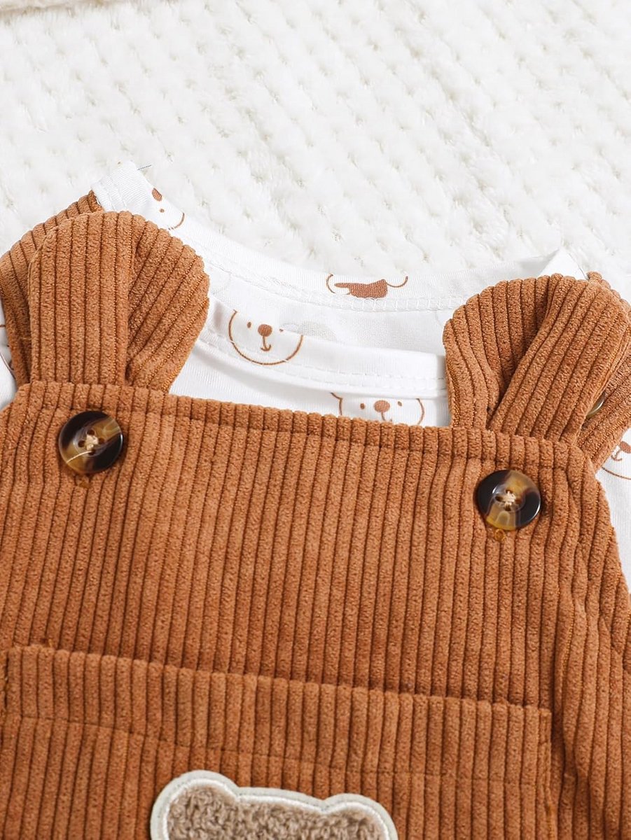 Lange Mouwen Geribbeld Fluweel Jumpsuit met Berenprint en Bretels voor Babyjongens