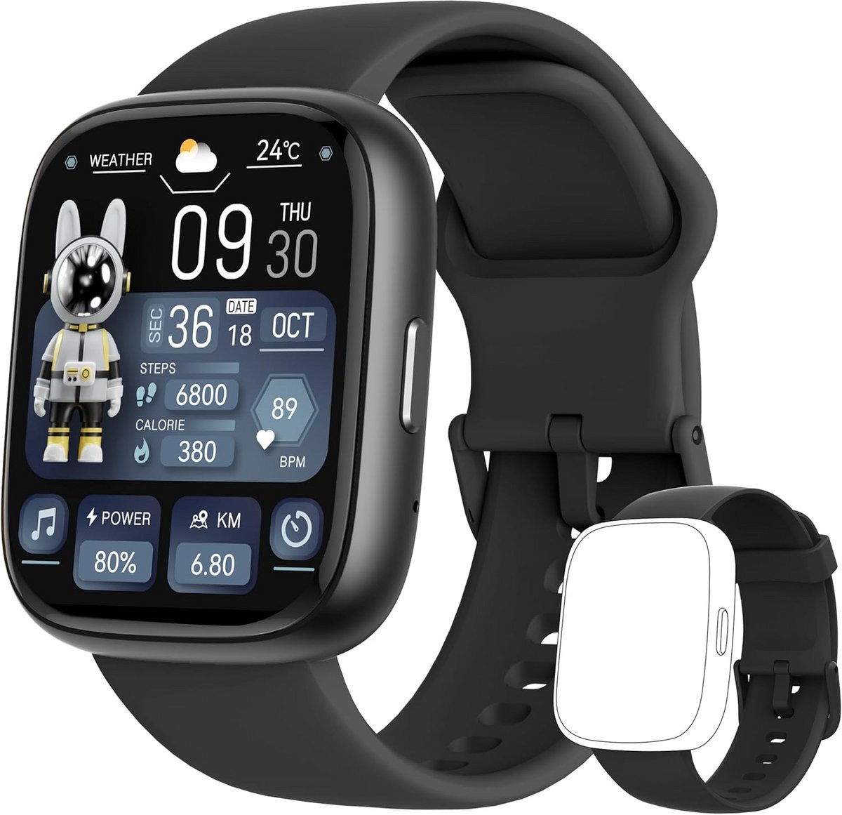 Smartwatch met Alexa, 2 banden, 44 mm, oproepen, HR & SpO2, slaapstress, fitness & stappenteller, IP68 waterdicht
