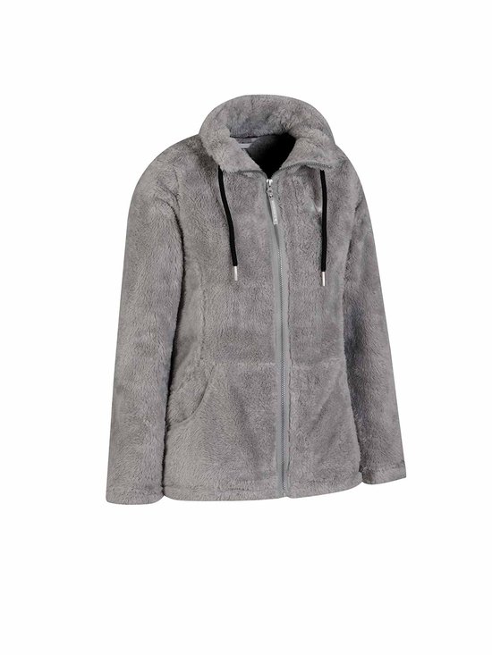 Grijze fleece damesvest met ritssluiting, hoge kraag en zwarte trekkoorden aan de capuchon.