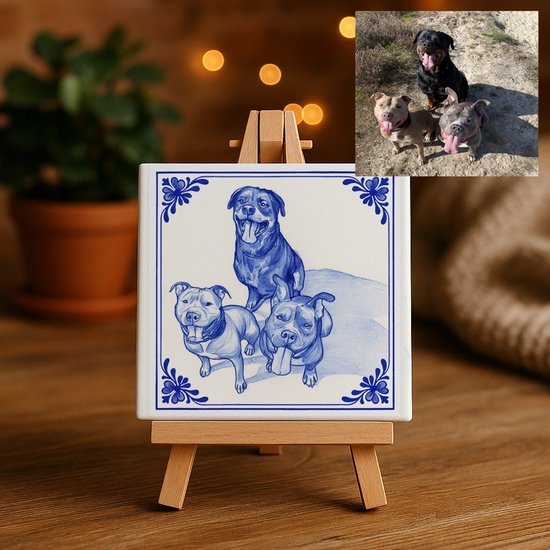 Persoonlijk Delfstblauw Tegeltje van Jouw Foto 11 x 11 cm – Uniek Cadeau met Hond, Huisdier, Motor, Auto of Koppel – Keramisch Tegel - Tegeltjes met tekst