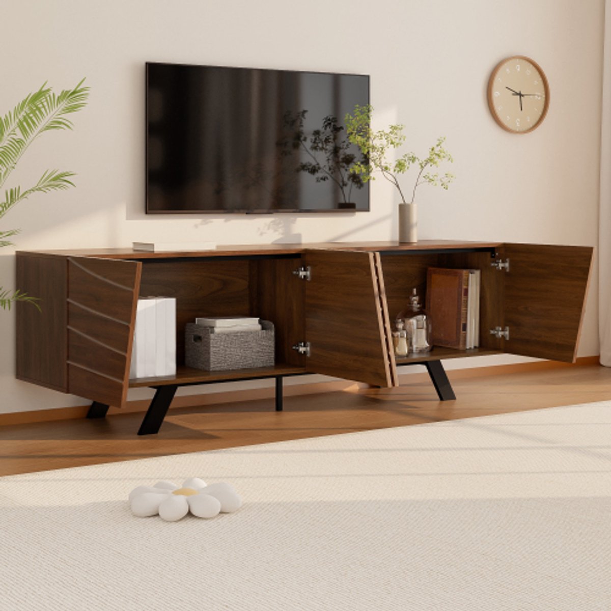 Intebiki Moderne tv-kast met golvende voorkant – laag dressoir in walnoothouten look met zwarte ijzeren poten-veel opbergruimte-kabelbeheer en legplank – tv-meubel voor woonkamer-hal 160×39×50.5 cm
