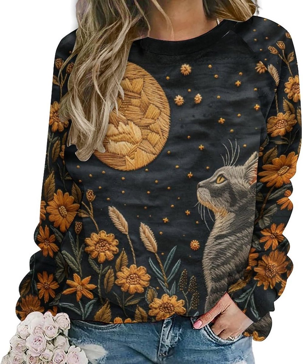 Oversized Dames Sweater met Schattige Kattenprint - Comfortabel en Grafisch